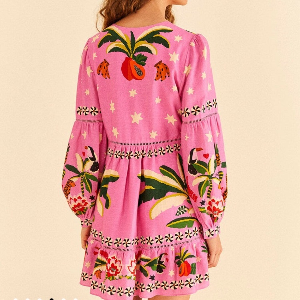 NEW FARM Rio Pink Leopard Forest Mini Dress Linen Blend Beaded Tassels Flowy XL - Picture 5 of 15